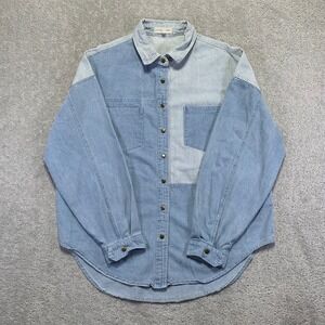 Buckle Gilded Intent Pieced Chambray Shirt Womens Large Blue Oversized Snap Down